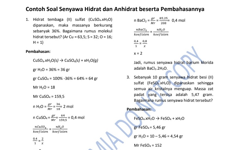 Contoh Soal Senyawa Hidrat dan Anhidrat