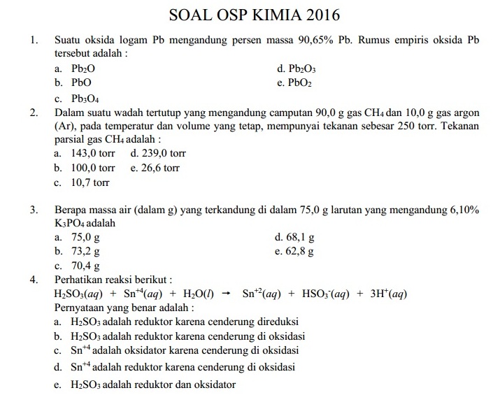 Soal Olimpiade Kimia SMA 2016 Tingkat Provinsi (OSP