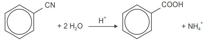 Hidrolisis fenil sianida pada suasana asam menghasilkan asam benzoat