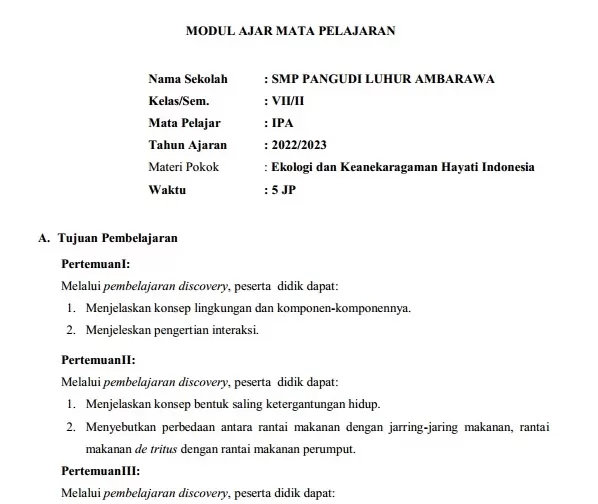 Modul Ajar Ekologi dan Keanekaragaman Hayati Kelas 7 Kurikulum Merdeka