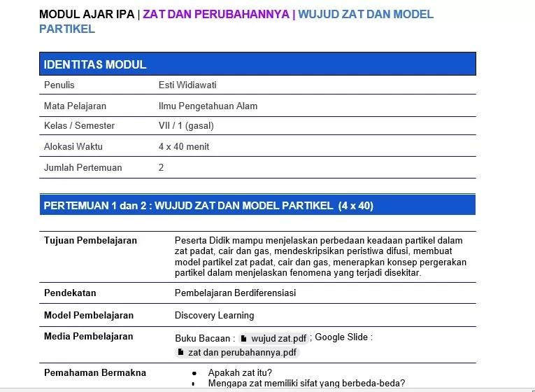 Modul Ajar IPA Kelas 7 Kurikulum Merdeka Zat dan Perubahannya