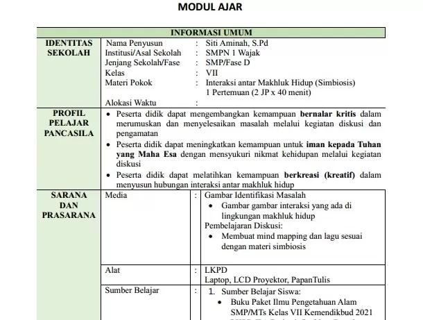 Modul Ajar Interaksi Makhluk Hidup dengan Lingkungannya Kelas 7 Kurikulum Merdeka