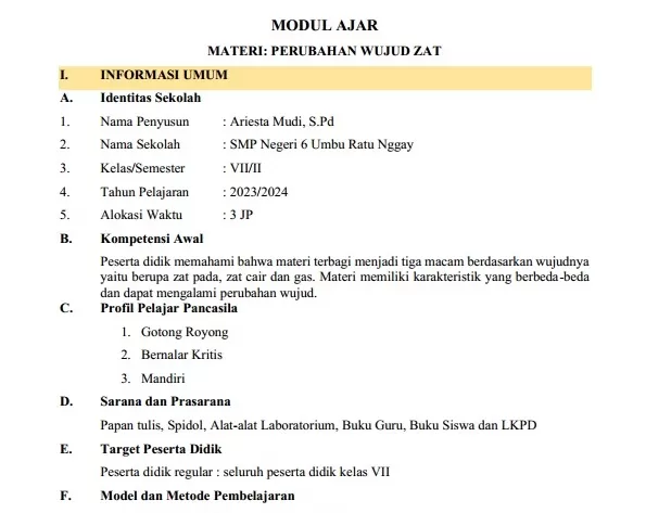 Modul Ajar Perubahan Wujud Zat Kelas 7