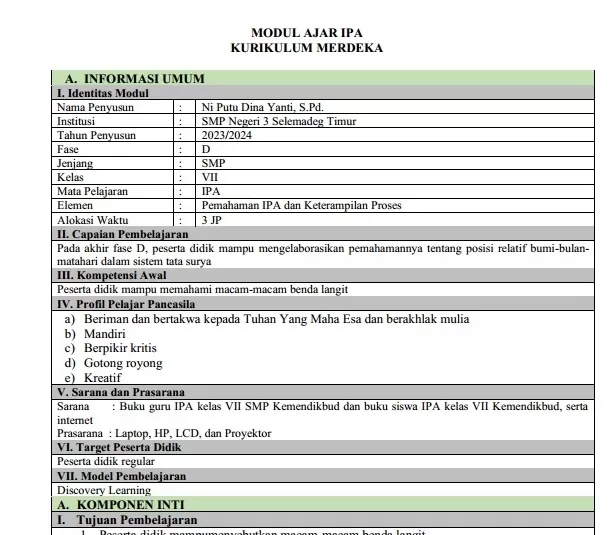 Modul Ajar Tata Surya Kelas 7 Kurikulum Merdeka