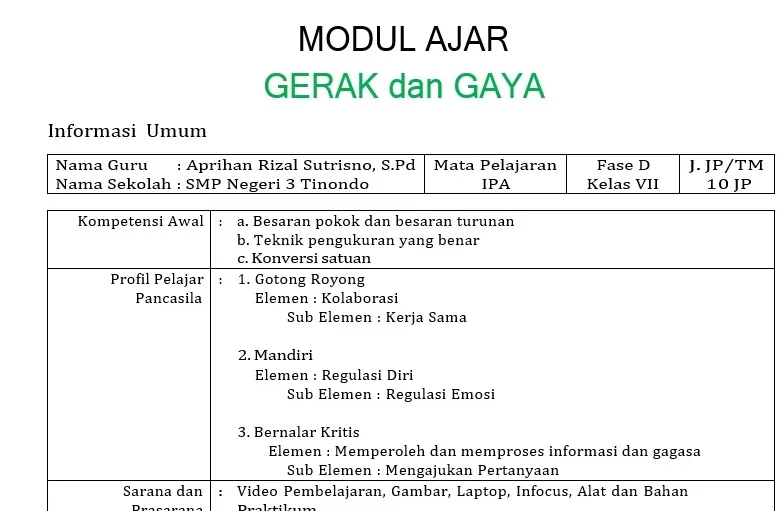 Modul Ajar IPA Kelas 7 Kurikulum Merdeka Gerak dan Gaya