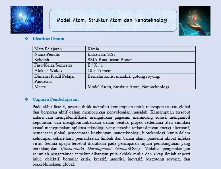 Modul Ajar Perkembangan Teori Atom serta Struktur Atom dan Aplikasinya dalam Nanoteknologi