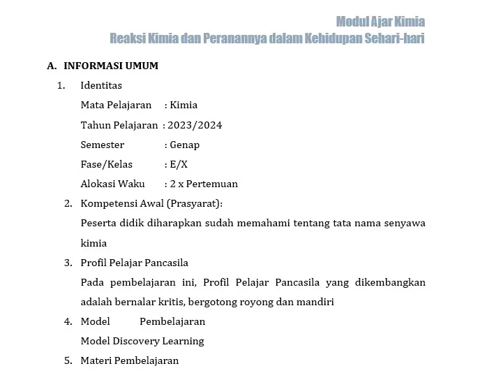 Modul Ajar Reaksi Kimia dan Peranannya dalam Kehidupan Sehari-hari