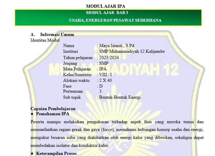 Modul Ajar Usaha, Energi dan Pesawat Sederhana